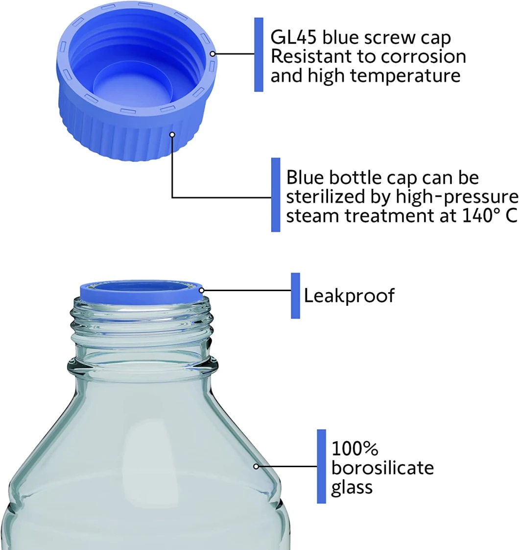 Borosilicate 3.3 Glass Graduated Media Storage Reagent Glass Bottle with Gl45 Screw Cap